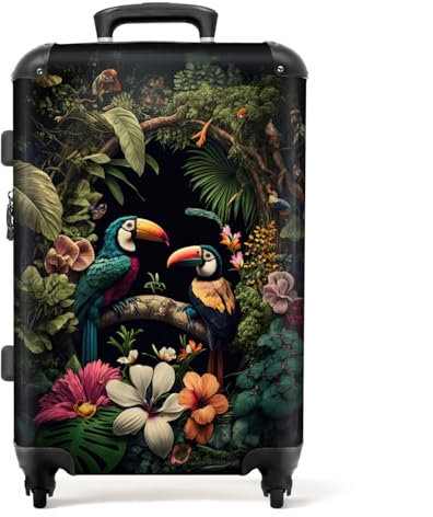 NoBoringSuitcases.com® Koffer groß Trolley Rollkoffer Reisekoffer mit 4 Rollen Fotokoffer - Vogel - Blumen - Pflanzen - Dschungel - Schwarz - 67x43x25cm - 90 Liter