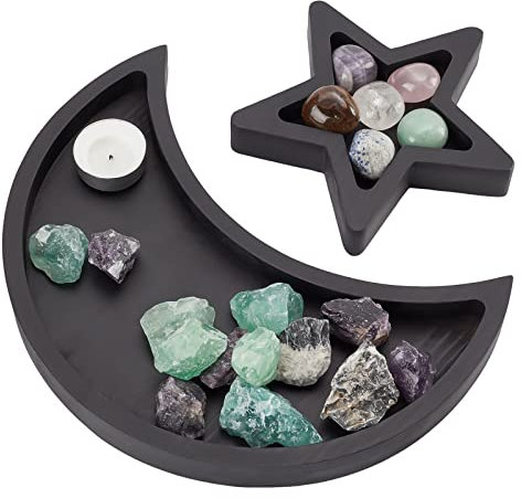INFUNLY Wooden Crystal Holder Tray Moon Star Crystal Display Plate Trinket Dish for Stones Jewelry Essential Oil Tray Crystals Storage Holder for Rocks Jewelry Crystals Candle Storage