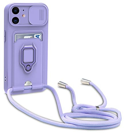 Dllatui Cover Compatibile con iPhone 11, Cover con Cordino Tracolla, Slidable Fotocamera Protezione Custodia,Supporto,Slot Schede, Silicone Case (Porpora)
