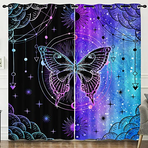 HOSIMA Magische lila Schmetterlings-Vorhänge für Schlafzimmer, Mandala, Sternenhimmel, Galaxie, Ästhetik, Teenager, Mädchen, trendige Stuff-Raumdekoration, blaue und schwarze Sternenlicht-Vorhänge für