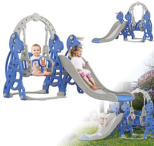 LZQ Toboggan autoportant 4 en 1 pour enfants à partir de 1 an, avec panier de basket, balançoire et cadre d'escalade, pour l'intérieur et l'extérieur, toboggan pour tout-petits, en plastique (arc)
