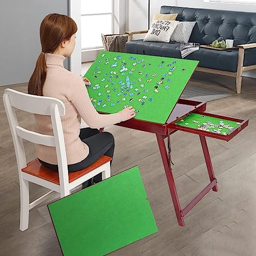 Wooden Jigsaw Puzzle Folding Table, Portable Folding Board Rack Tilting Table for Adults, Gift for Puzzle Amateur (1000PCS with Drawers and Legs, Green & Brown)