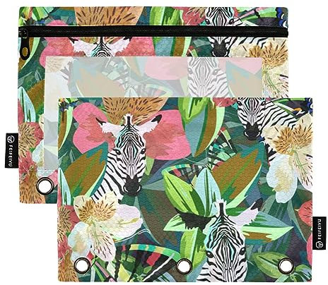 Lustiges Zebra Tropisches 3-Ring-Federmäppchen 2 Stück Aktenordner für Büro Prüfung Reißverschluss Schreibwaren Tasche