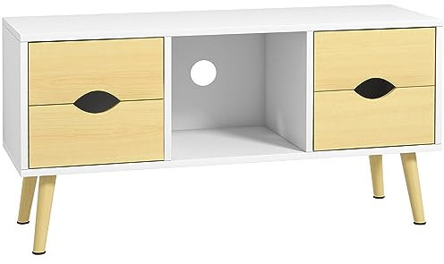 HOMCOM Meuble TV Banc TV Meuble de télévision jusqu'à 40 Pouces Pieds en Bois Massif Style scandinave 4 tiroirs 1 Niche Centrale Passe-câbles 90 x 30 x 46 cm Naturel Blanc