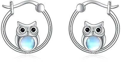 VONALA Eulen Ohrringe 925 Sterling Silber Mondstein Eulen Creolen Ohrringe Hypoallergener Tier Schmuck Geburtstag Geschenke für Damen Frauen Teenager Mädchen