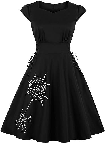 Ro Rox Charlotte Spider Swing Dress Gothic Rockabilly Corset Web Embroidery, Black, S