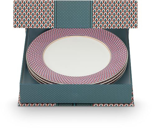 Pip Studio Juego de 4 platos con concha de flores, color rojo claro y azul – 26,5