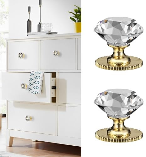 Elistonie Crystal Self Adhesive Knobs for Mirror Cabinet, Dresser Drawer, Cupboard - 40mm Diamond Shaped Glass Knobs (2pcs, Clear and Gold)