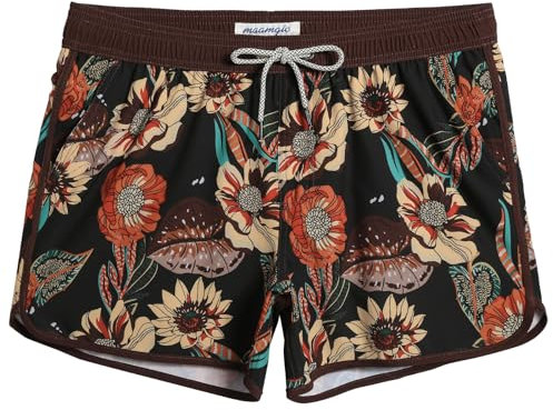 MaaMgic Herren Badeshorts Vintage Retro Badehosen 4 Way Stretch Schnelltrocknend mit Mesh-Futter und Verstellbarem Tunnelzug MEHRWEG,New Rotbraun Vintage Blume 4.5,XL
