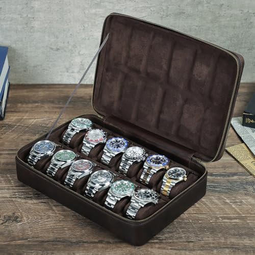 XNTBX Vintage Crazy Horse Leder Uhrenaufbewahrungsbox mit großem Fassungsvermögen – Platz für 12 Uhren, CF1158