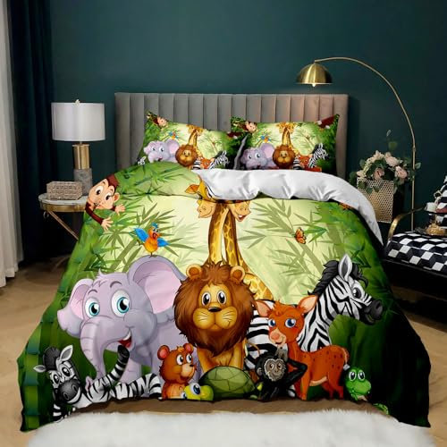 CTQTZ Thème Animal De La Forêt De Dessin Animé Housse de Couette 1 Personnes 140x200 Enfant Animaux de la Jungle Parure de Lit en Microfibre avec Taie d'oreiller Forêt Lion Girafe éléphant Zèbre