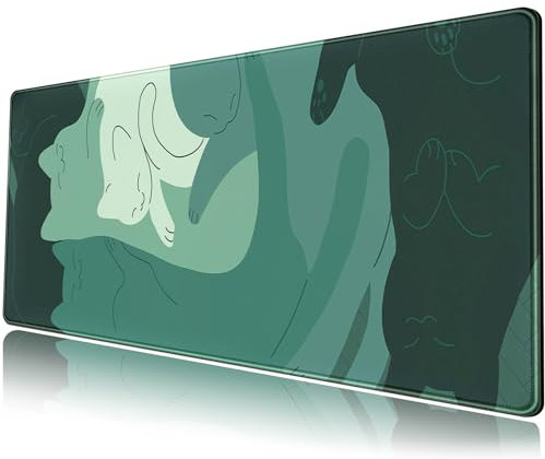 Niedliche grüne Katze Schreibtischmatte, erweitertes und großes Gaming-Mauspad, XL, langes Schreibtischpad, minimalistisches Laptop-Tastaturpad, 80 x 30 cm, mit gesteppten Kanten, für Desktop und Maus