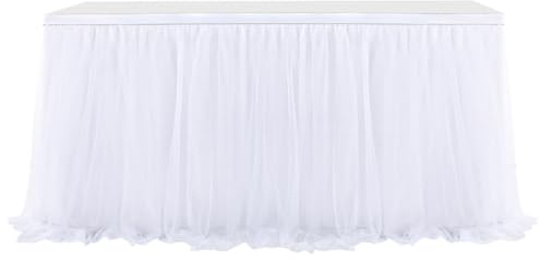 Pmnzdy Jupe de Table en Tulle Jupe de Table Tutu Nappe de Table Bureau Gaze Tulle Jupe de Table Décoration de Table pour Mariage, Anniversaire, Saint-Valentin, Noël, fête, Bar Blanc 275×77cm
