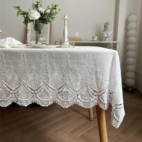 Weiße Stickerei-Tischdecke, Spitze, quadratische Baumwoll-Tischdecke mit Phönix-Schwanzkante, handgefertigte Blumentischdecke für Esstisch, Couchtisch, Tischdekoration (130 x 139 cm)