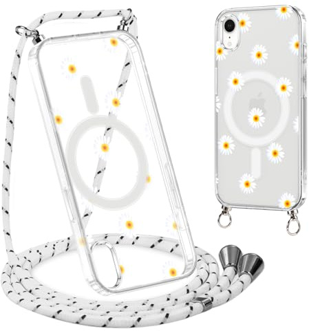 Yoedge Magnetique Coque pour iPhone XR 6,1 Con Cordon, Compatible avec MagSafe, Transparent Étui Souple Silicone TPU Antichoc Protection Housse Collier Case Cover avec Aesthetic Motif Floral 7