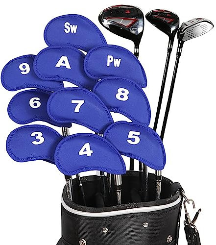 Generic 10 Stück Schlägerkopfhüllen für Eisen Schlägerhauben Golf Langer Hals Schützen Golfschläger mit Anzahl Print (Blau-B)