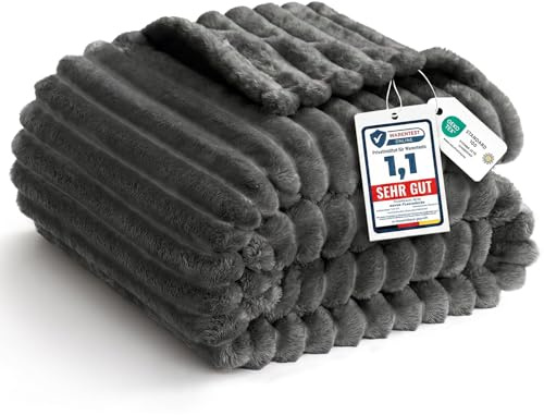 WAVVE Grey Blanket - Single Fluffy Striped Fleece Throw for Sofa, Bed, Couch, Lightweight Fuzzy Warm Decorative Throw for Women Girls, 130x150 cm