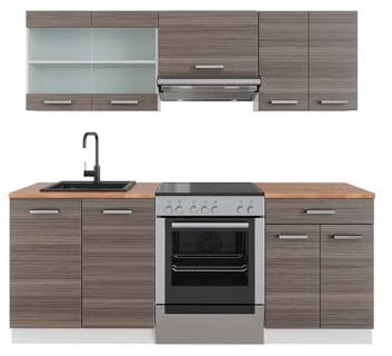 Vicco Küchenzeile R-Line, Küchenblock, Edelgrau/Weiß, 200 cm, AP Eiche