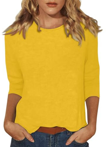 Tops for Women UK Womens Lightweight Solid Color Tops 3/4 Sleeve Casual Gym Fashion Daily T-Shirts Ladies Summer Round Neck Blouses 02-Yellow XXL