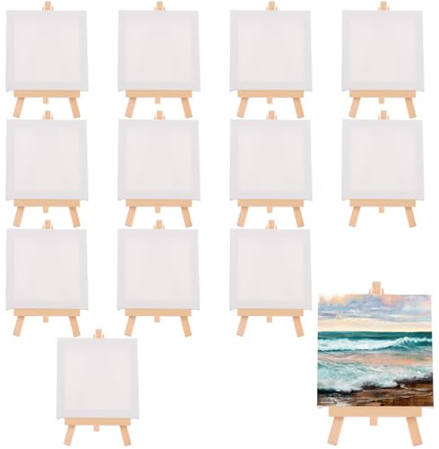 WOPPLXY 13PCS Mini Canvas and Easel Set, 10CM Small Blank Canvas, Mini Tabletop Display Easel Canvas Board for Painting, Drawing, Decorating(Canvas 10 x 10 cm,Easel 9 x 16 cm)