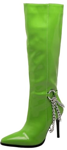 HSyc JRX Stivali invernali da donna in vernice al ginocchio con catene e tacchi alti a spillo, verde, 45 EU