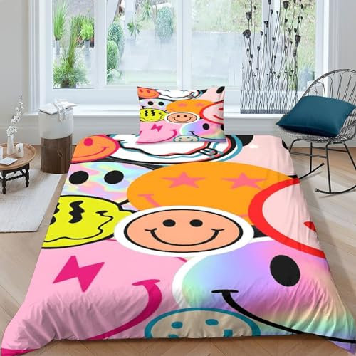 LIAOHENKAN Lustiges Emoji Bettbezug Set Bettwäschegarnitur 3D Gedruckter Mädchen Junge Kinder Und Kissenbezüge Reissverschluss Weich Microfaser Bettwäsche 2 Teilig Single(135x200cm)