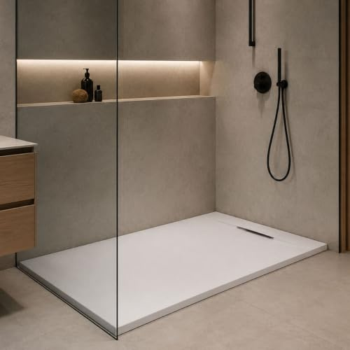 Yellowshop - GENESIS Piatto doccia rettangolare marmoresina h 2,5 cm antracite e bianco finitura ardesia scarico laterale a scomparsa con sifone diverse dimensioni (Bianco, 90x120)
