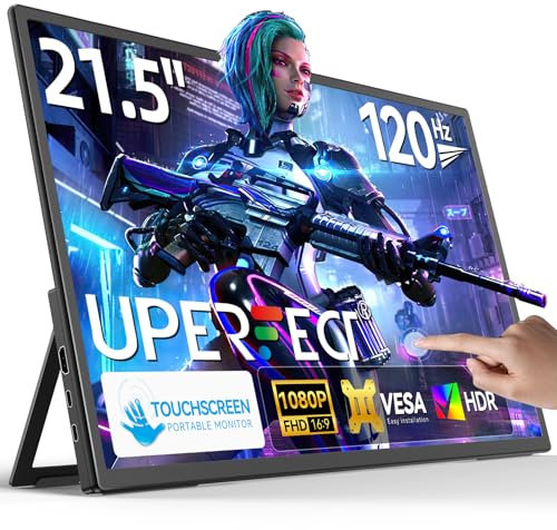 UPERFECT Portable Monitor Touchscreen 21.5 Zoll 120Hz Tragbarer Monitor Touchscreen 1300:1 1080P Bildschirm Integrierter Halterung HDMI USB C für PC Laptop Spielkonsole, Metallgehäuse VESA-Kompatibel