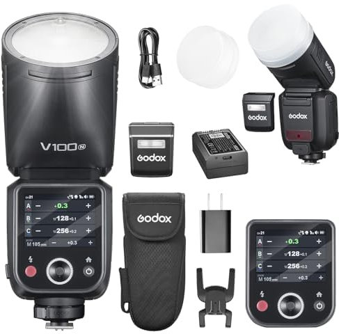 GODOX V100N Flash V100-N 100w Testa Rotonda TouchScreen Speedlite per Nikon,2.4G Wireless Fotografia Luce Esterno e Global Shutter Luce Video Sync 1/80000s,batteria al litio integrata