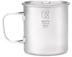 KEITH Titan Becher Camping Topf Outdoor Kaffee Tee Tasse mit Deckel & Faltbarem Griff 200ml/300ml/400ml/450ml/500ml/600ml/900ml Leichte Kochgeschirr Backpacking Picknick Trinkgeschirr (600ml Ti3207)