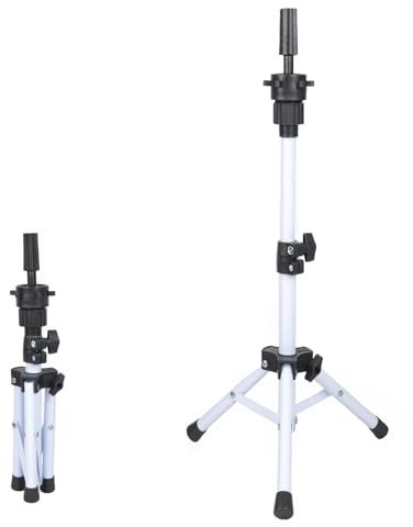 VEELTRAS Wig Stand Tripod Adjustable Metal Mini Wig Head Stand for Training Mannequin Heads and Canvas Block Head (white)