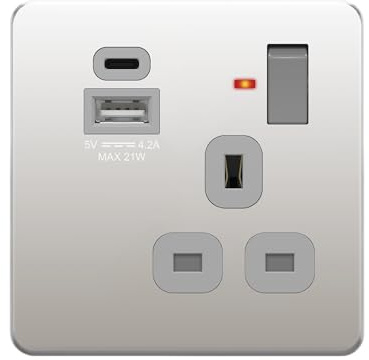 LIDER 1-Gang Switched Socket, 20W, USB-A, Combined 5V/4.2A (20W) Output | Stainless Steel, Durable Metal Faceplate, LED Power Indicator, Polished Chrome, Use 35mm Back Box, UKCA Certified