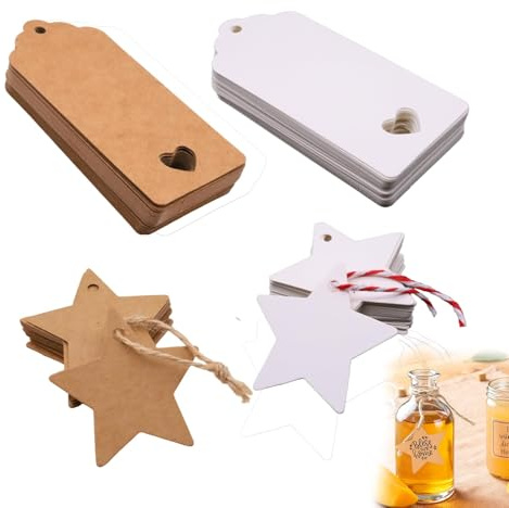 100 Stück Geschenkanhänger in Stern- und Rechteck Formen, Kraftpapier Etiketten mit 20m Schnur für Hochzeiten, Geschenke, Marmeladengläser, Preisschilder und DIY Projekte, geschenkanhänger beschriften