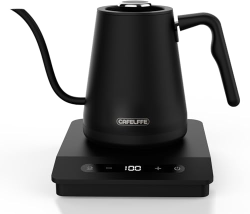 Cafelffe MK-101 Elektrischer Wasserkocher mit Ausgießer – 0,8 Liter Edelstahl Schwanenhals Teekessel mit LED-Display, Temperaturregelung von 40 bis 95 °C, 1500 W Schnellaufheizung, 1500 W
