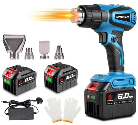 Cordless Heat Gun Hot Air Shrink Gun - Max 600°C (1112 °F), LCD Display, High and Low 2-Temperature Setting, 4-Fans Setting, with 2 * 6.0Ah Batteries, 4 Nozzles for Crafts, Shrinking PVC, Wrapping