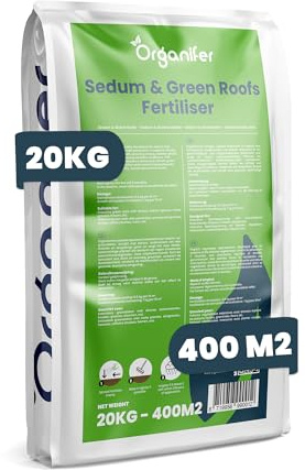 Dünger Für Sedum Und Dachbegrünung - 20kg = 400m2 - NPK 9-2-7 | Langzeitdünger Für Sedumdächer - Kräftiges Wachstum - Vorbeugung Von Kahlen Stellen - Mit Magnesium - Organifer