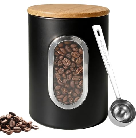 GANILITY Kaffeedose, 1,5 L Eisen Kaffeebehälter mit Holzdeckel und Edelstahl Löffel, Luftdicht Kaffeedose mit Transparentem Sichtfenster, für Tee, Nüsse, Kakao, Schwarz