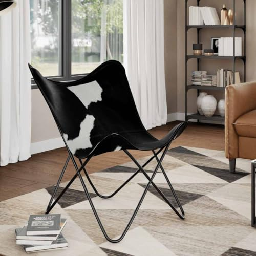 fadaoet Schwarzer und Weißer Butterfly-Sessel aus Echtem Kuhfell, Handgefertigt, Ergonomisch Geformt für Wohnzimmer, Büro, Lounge, Bequemer Relax-Stuhl