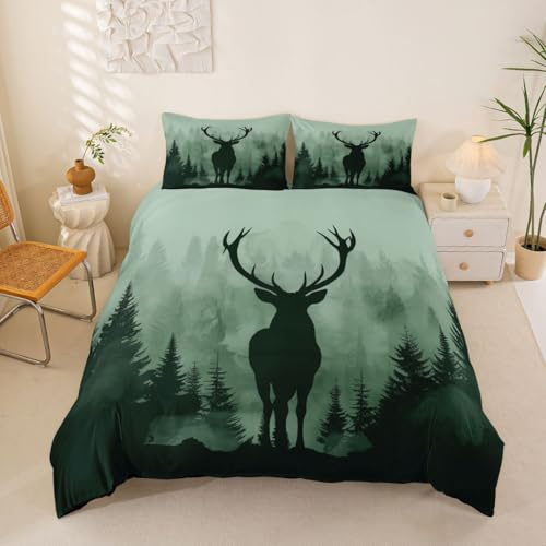 Homemissing Rustic Cabin Misty Forest Deer Bettwäsche Set 135x200cm for Kinder Hunting Theme Deer Bettwäsche-Set Weich Wild Animal Bettbezug mit 1 Kissenbezug Zimmer Dekor mit Reißverschluss