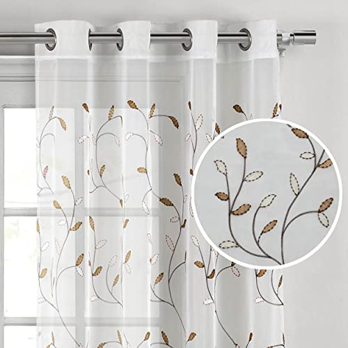 Creative Home Ideas Wavy Leaves, Embroidered Window Curtain with Grommets, Extra Wide Single Panel, 100% Polyester, Light Filtering, Sheer, Modern Drapes, 54 x 84, Chocolate