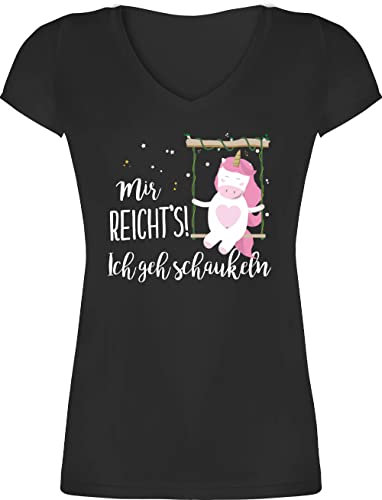 T-Shirt Damen V Ausschnitt - Einhorn Geschenk Unicorn - Mir reichts Ich GEH Schaukeln - M - Schwarz - sprüche Tshirt t Shirt Frauen lustige Spruch Oberteil Spass tailliert Motiv leiberl Geschenke