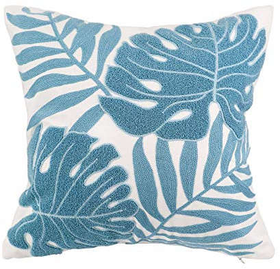 Hodeco Funda de cojín Bordada de 18 x 18 Pulgadas, diseño de Hojas Tropicales Azul Claro, decoración del hogar, Color Turquesa, Funda de cojín para sofá, 45 x 45 Pulgadas, Funda de Almohada 100