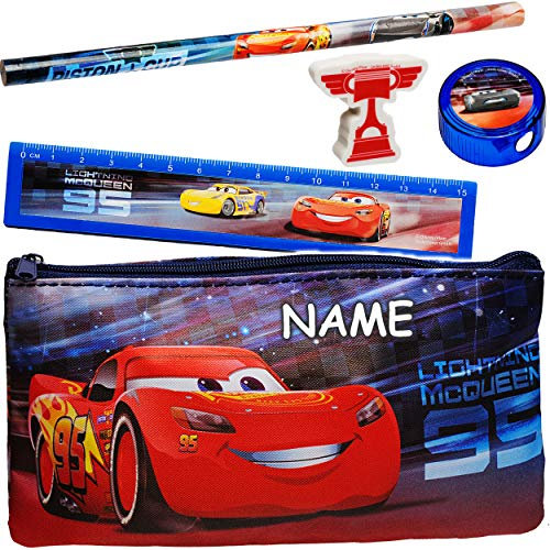 alles-meine.de GmbH 2 * 5 TLG. Schreibset Cars - Auto - Lightning McQueen - inkl. Name Bleistift + Lineal + Radiergummi + Spitzer + Stiftemappe - Federmappe/Kinder - Set fü..
