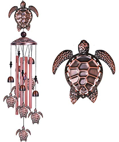 Windspiel mit Meeresschildkröte, für den Innen- und Außenbereich, mit 4 Röhren, 6 Glocken, 7 Schildkröten, 94 cm, wasserdicht, hängend, Baum, Gartendekoration