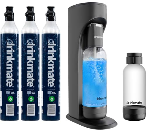Drinkmate OmniFizz Sparkling Water Maker & Soda Streaming Machine | Carbonates Any Drink | ULTIMATE BUNDLE | Includes Three 60L CO2 Cartridges + Two BPA-Free Bottles (Matte Black)