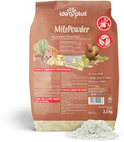 Ida Plus - MitePowder – Natürlich gegen die Rote Vogelmilbe – Effektiver als Kieselgur oder Kieselerde – für Hühner, Wachteln & anderes Geflügel - OHNE CHEMIE - 25 Liter