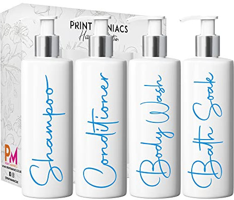 Print Maniacs Mrs Hinch Inspired White Personalised Pump Bottles Bathroom Kitchen Set Shampoo Conditioner Body Wash Bath Soak (F2) (Blue)