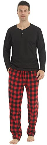 YUSHOW Ensembles de Pyjama Homme Hiver Henley T-Shirt en Polaire à Long Manche Ultra Doux Flanelle Bas de Pyjamas Carreaux avec Poches Vêtements de Détente, Noir + Rouge Noir À Carreaux, XL