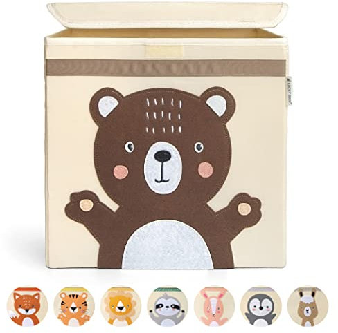 Lucky Sign Box Aufbewahrung Kinder Extra Stabile Spielzeugbox mit Deckel Ordnungsbox Wasserdicht und Waschbare Spielzeugaufbewahrung für Kinder Spielzeugbox mit Tier Motiv, 33x33x33 cm - Bärchen
