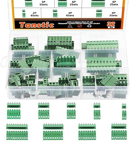 Tanstic Lot de 32 connecteurs de bornier à vis pour circuit imprimé 9 types 2 3 4 5 6 7 8 9 10 pas